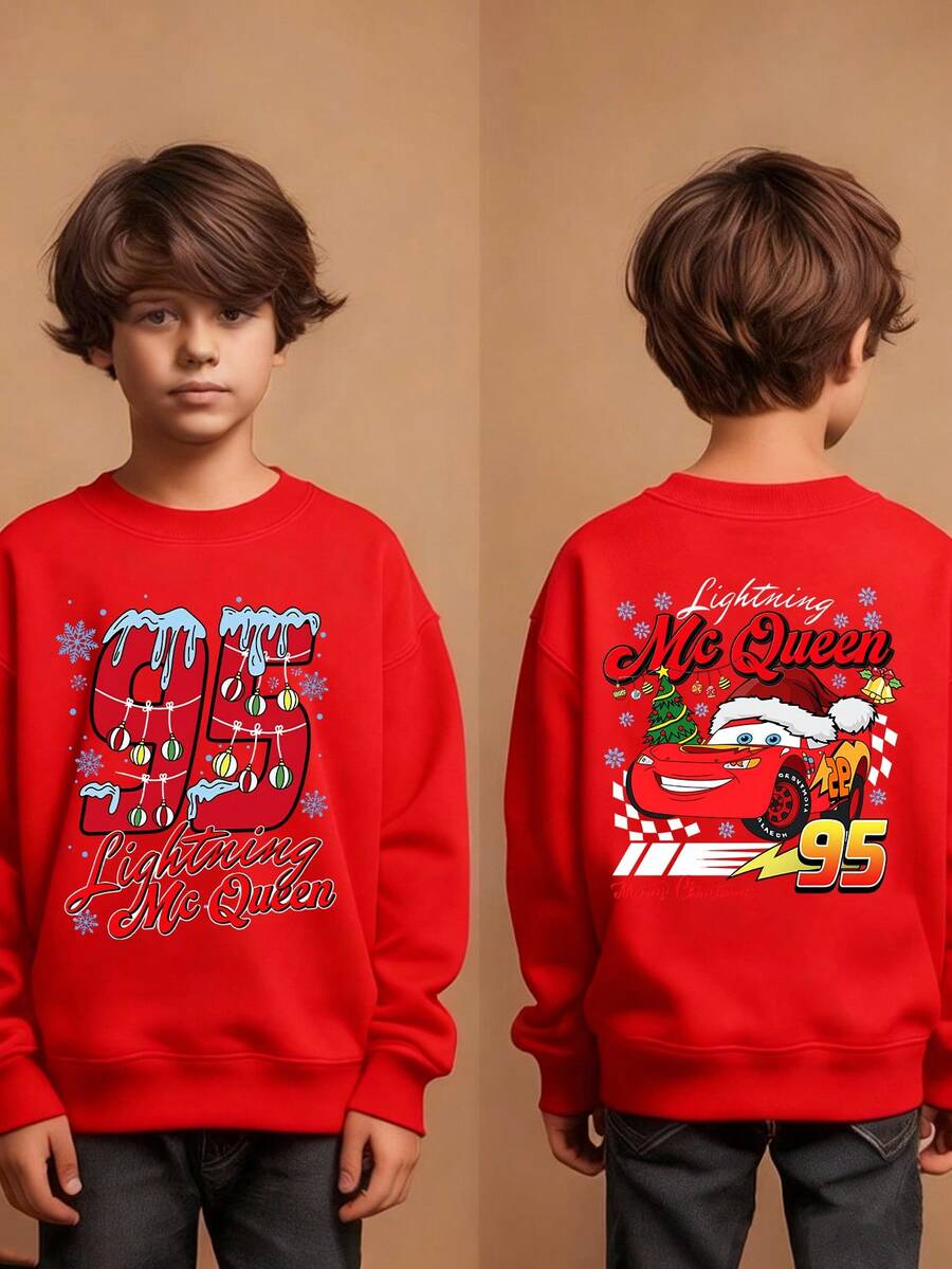 Disney Christmas Element Racing Cars  Pattern Print, Warm And Soft Autumn And Winter Boys' Hoodie, Suitable For Shopping And School Wear, Perfect As A Christmas Gift. - Đỏ - Xem 1