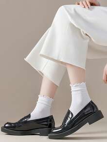 5/10 pares de calcetines medianos gruesos para mujer, con borde de volantes de unicolor blanco y negro, versátiles y cómodos, para uso casual en otoño/invierno