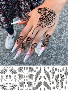 4pcs Henna Temporary Tattoo Stickers, Black Lace Hand Tattoo, Ramadan Mandala Rose Henna Tattoo, Suitable For Women Makeup, Party, Festival, Wedding, Bridal Accessories, Valentine's Day - Black - View 9