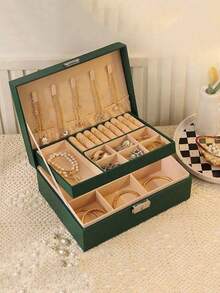 双层首饰收纳盒，大容量可上锁首饰盒，PU皮革首饰收纳盒，适用于项链、耳环、戒指、手表。节日礼物。 - 彩色 - 查看 16