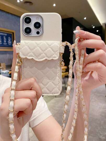 1 Set Fashionable Shoulder/Crossbody Bag With Gold Chain, Pearl Decor & Beige Textured Leather Card Holder + Beige Textured Leather Anti-Drop Phone Case Compatible With Samsung/Redmi/Mi/OPPO/VIVO/Transsion