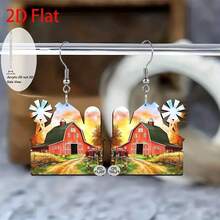 2D flat red farm landscape painting acrylic pendant earrings, fashionable jewelry, party gifts, holiday gifts for family and friends - Multicolor - Ver 3