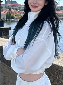 Women's New Casual Sports Stand Collar Long Sleeve Short Elastic Waist Zip-Up Jacket, Suitable For Outdoor Activities - White - View 2