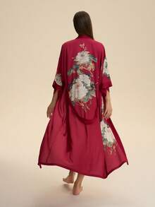 中国风复古宽松中长改良款汉服时尚印花和服罩衫长袍休闲家居服系腰浴袍睡衣薄外套夏季沙滩泳衣罩衫防晒外套 - 紅色 - 查看 12