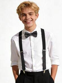2pcs Polka Dot Bow Tie & Suspender Set, Suitable For Holiday Parties - Black and White - View 2