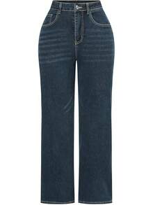 THUNDER Womens High Waisted Wide Leg Jeans Stretchy Distressed Pants - 1# Dark Blue - View 12