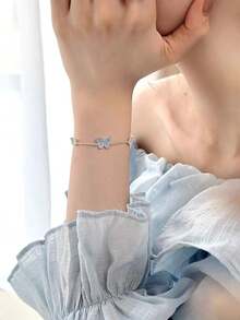 新款奢华小众高端优雅蓝色水晶蝴蝶水钻项链，女士款 - 淺藍色 - 查看 7