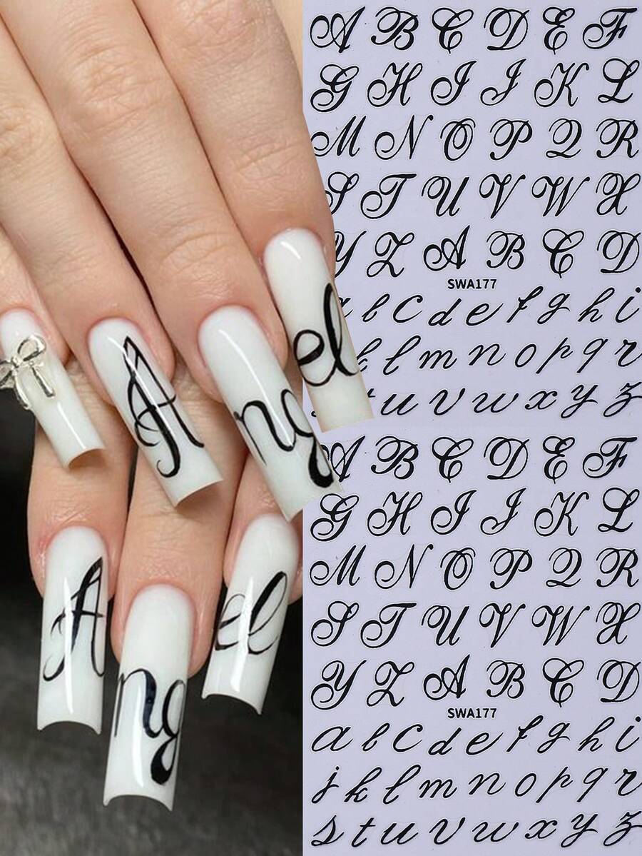 2 pezzi Adesivi per unghie con lettere dell'alfabeto nere 3D, lettere maiuscole e minuscole semplici, decalcomanie per arte di unghie con parole in maiuscolo, accessori fai-da-te per unghie, decorazione per manicure autoadesiva, forniture per unghie - nero - Visualizzare 1
