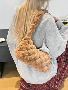 1 pieza Bolso de hombro de felpa de moda para mujer, bolso versátil de unicolor para otoño/invierno, adecuado para compras, trabajo, regalos - Marrón - Ver 5