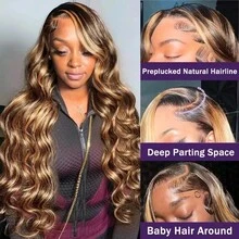 VIOLLY Ombre Highlight Body Wave 13X6 Large Area Transparent Lace Human Hair Blended Wig With Breathable Inner Net Design Lace Frontal Wig For Women Pre-Plucked & Pre-Bleached Honey Gold13x6 Lace Front Wigs Natural Looking Baby Hair Versatile Styling Options 180% Density - SP4/27 - View 2