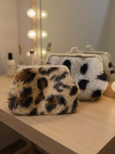 Monedero de peluche, bolsa de almacenamiento de accesorios de peluche corto con patrón de leopardo para mujeres y niñas, monedero portátil multifuncional, regalo para mujeres, diseño de marca nuevo, fotografía, adecuado tanto para hombres como para mujeres, embrague de piel sintética duradera para guardar cosméticos, teléfonos, lápices labiales y pequeños artículos esenciales
