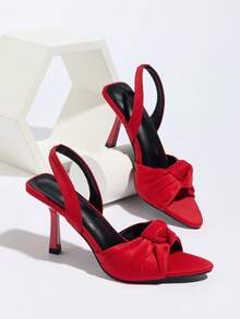 Women's Pleated Knot Decor Pointed Toe Elastic Strap High Heel Sandals, Elegant For Party, Daily Wear, Gathering, Festival, Commuting, Spring/Summer, Fashion Red Satin High Heel Sandals, Suitable For Dresses, Gowns, Weddings - Red - View 9