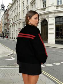 Women's Round Neck Long Sleeve Knit Sweater, Patchwork Design Pullover Top, Versatile For Daily Commute - Black - View 6