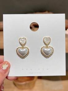 2pcs Simple & Elegant & Upscale Pearl Heart Shape Earrings Suitable For Girls' Daily Wear; Valentine'S Day Gift - Silver - View 8