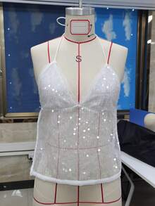 Y2k Women Sparkly Sequin Tank Crop Top Glitter Rhinestone Backless Tie Up Halter Cami Beaded Going Out Camisole - màu đen - Xem 3