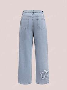 Stylish Women's Star Flower Embroidered Jeans – Mid-Rise Straight, Built-In Zipper, Soft High-Quality, Casual Everyday Wear, Classic Pantalones Jeans De Mujer - 淺色水洗藍 - 查看 2