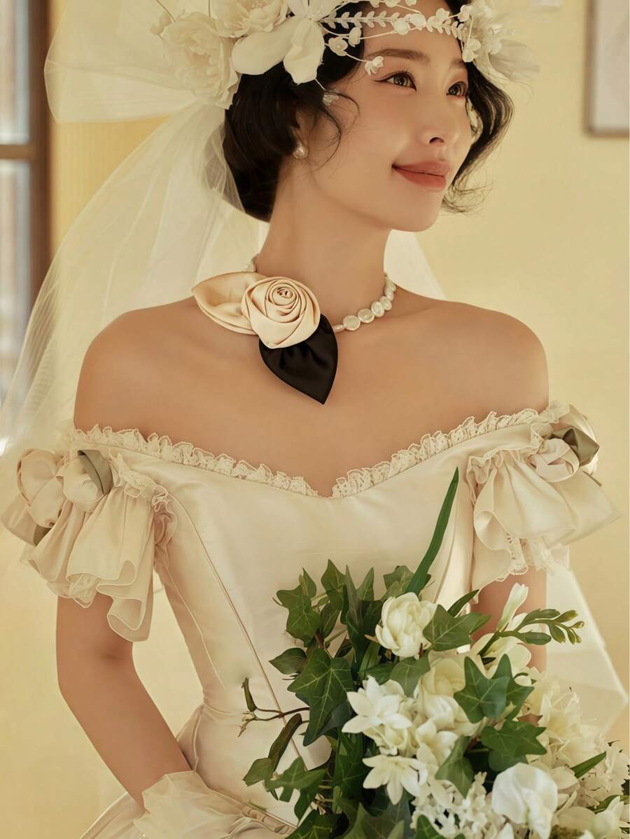 قلادة زهرة الشمبانيا الساتان الفرنسية الأنيقة قطعة واحدة، إكسسوار مجوهرات العروس، مناسبة لتصوير الزفاف، مواعيد الحديقة، العشاء الرومانسي، الحفلات، عيد الحب - متعدد الألوان - مشاهدة 1