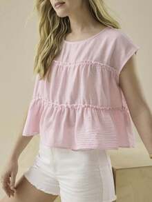 Women's Summer Cute Boho Blouse Shirts Y2k Striped Ruched Flowy Ruffle Peplum Short Cap Sleeve Round Neck Babydoll Crop Tops Tee Kawaii Peplum Spring Clothes Boho Beach Holiday Outfits,90s Fashion Women,Valentine's Day Wear,Going Out Tops,Mardi Gras Outfit,Tropical Vacation Outfits - 粉色 - 查看 3