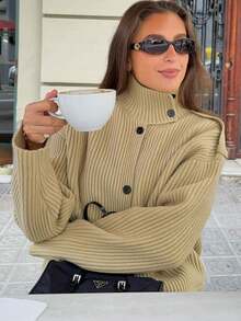 Áo khoác cardigan dệt kim cổ đứng dáng vintage thanh lịch dành cho nữ, áo khoác dài tay cài nút thời trang, thích hợp cho mùa thu/đông. - Màu xanh Ô liu - Xem 4