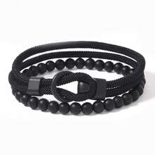 2pcs Men's Bracelet Set, Black Stone Elegant Men's Bracelet, Beaded Bracelet Strap With Powerful And Graceful Vibe, Suitable For Daily Stacking And Gift, Great For Friends - Two-piece Set Of Stones + Custom-made Buckle Bracelet - View 12