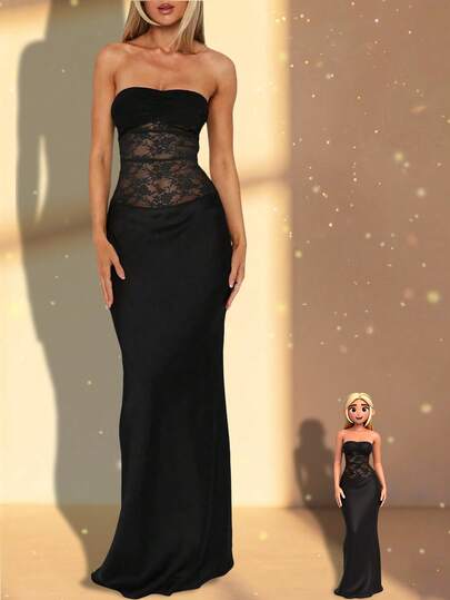 1pc Women's Elegant Sexy Lace Patchwork Mermaid Hem Dress, Suitable For Business, Evening Party, Wedding, Graduation Party, Birthday Party, New Year's Eve, Valentine's Day Date, Gatherings