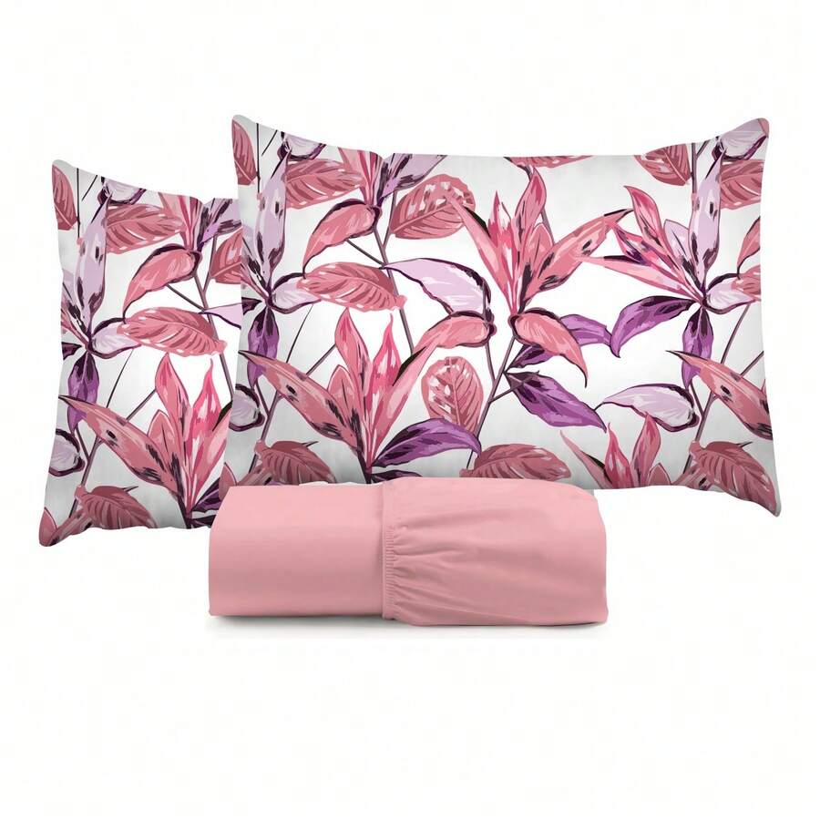 King Size 3-Piece Sheet Set, 400 Thread Count Cotton, Soft Touch, With Elastic And Printed Pillowcases, 50x70cm - Pink - View 1