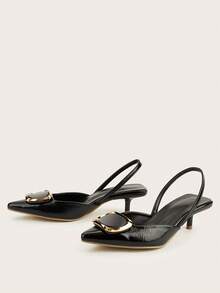 女士黑色漆皮尖头小猫跟浅口鞋，优雅正式晚宴鞋，带踝带 - 黑色 - 查看 3