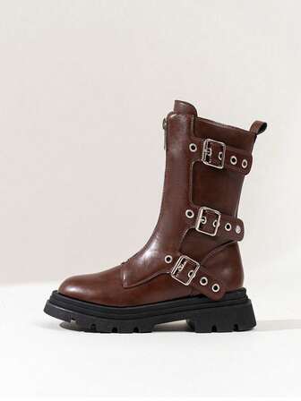 รองเท้าบูทครึ่งน่องแฟชั่นมีซิปด้านหน้าพร้อมหัวเข็มขัดสำหรับผู้หญิง สไตล์พังก์เมทัล ส้นหนา