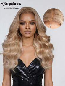 MEGALOOK 渐变金发，焦糖色和灰调，预剪裁 6x5 无胶蕾丝假发 - 100% 真人发，自然波浪卷发，金色挑染，预先拔毛，隐形结，透明蕾丝闭合，新手友好，易于佩戴 - 自然逼真，适合日常佩戴，可打造办公室、僵尸新娘、万圣节、派对、Y2K 风格、度假、户外角色扮演、校园、学校假期、圣诞节、派对、婚礼、节日等各种场合，适合女性佩戴。