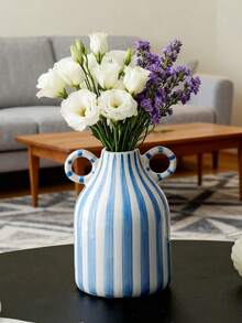 1pc Hand-Painted Striped Ceramic Vase - Farmhouse Style Tabletop Decor, Suitable For Home, Events, Weddings, Kitchens, Offices, Gardens, Birthdays, Anniversaries, Back To School Room Decor, Stationery, Vase, Ceramic Vase - Multicolor - View 10