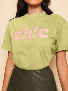 Camiseta Feminina Oversized Moda Gringa Blusa Estampa Ch!c Letras T Shirt Fofinha Tecido Premium Leve Verão Academia - Amarelo - Visão 2