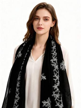 1pc Plus Size Embroidered Women Scarf, Soft & Fashionable, Versatile For Daily Wear, Travel, Decoration, Sun Protection