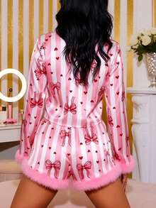 Women's Valentine's Day Pajama Set Bow/Heart/Stripe Fuzzy Trim Long Sleeve Lapel Neck Button Crop Top And Wide Leg Shorts Fall Casual 2 Piece Jammies Sleepwear - 粉色 - 查看 4