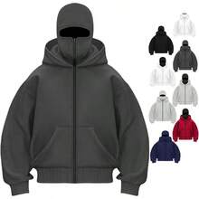 Balaclava Hoodie, Double Layer Hooded Sweatshirt With Wind Resistant Face Mask Zip, Hip-Hop Resistant Unisex Couple Style - Màu xám đen - Xem 13