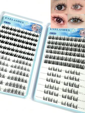 252 st. 4-modeller av naturliga självhäftande lösögonfransar - blandade längder av CC-böjda fransar, inklusive solros-, tricolor- och kameliafärgade kattögonfransar, rufsig effekt, inget lim krävs