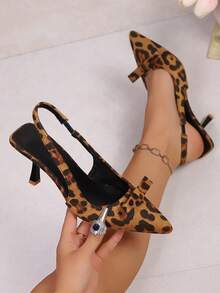 Pointed Toe Bow Backless Women High Heel Sandals, Summer Slip-On Stilettos High Heels - Leopard Color - View 8