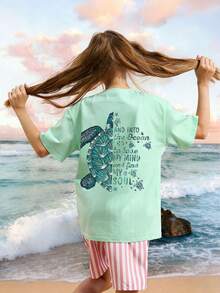 1pc Tween Girls Tropical Turtle Print Summer Short Sleeve T-Shirt, Young Student Beachwear - Mint Green - View 2