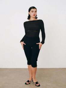 Women Capri Pants, Elastic Waist 3/4 Length Pants Plaid Cropped Pants For Casual Daily - màu đen - Xem 2