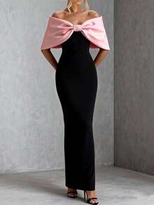 Women's Elegant Christmas Colorblock Bow Backless Christmas Party Dress