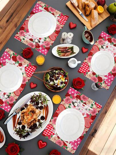 1pc Pastel Pink Gingham & Red Rose + Cute Bear Accent Placemat, Charming Romantic Style Polyester Rectangle Water-Resistant Stain-Resistant Dining Placemat For Valentine's Day Gift Table Arrangements, Wedding Bridal Reception Table Decor, New Year Holiday Feast Dining Tables, Daily Meal Settings & Romantic Celebration Occasions