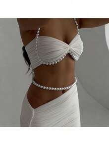 2025 Autumn And Winter New Women's Clothing Pearl Decoration Sexy Exposed Navel Wrapped Chest Low Waist Wrapped Buttocks Long Skirt Set - 白色 - 查看 4