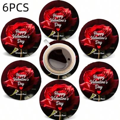 6pcs Valentine's Day & Wedding Design Wooden Coasters - Romantic Pink Heart, Red Rose LOVE, Cupid Of Love, Ideal For Coffee, Tea And Beverages - Perfect Home And Restaurant Decor, Suitable For Wedding Parties, Valentine's Day Gifts, New Year Gifts For Girlfriend, Couples, Mom, Excellent Holiday Presents.