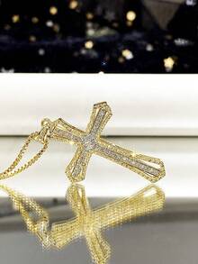 1 chiếc dây chuyền mặt thánh giá mạ vàng đính đá Cubic Zirconia sang trọng, quà tặng cho nữ, trang sức cưới. - Vàng - Xem 5