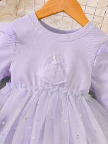 小女孩卡通针织撞色网纱公主裙，适合春秋季穿着 - 紫色 - 查看 4