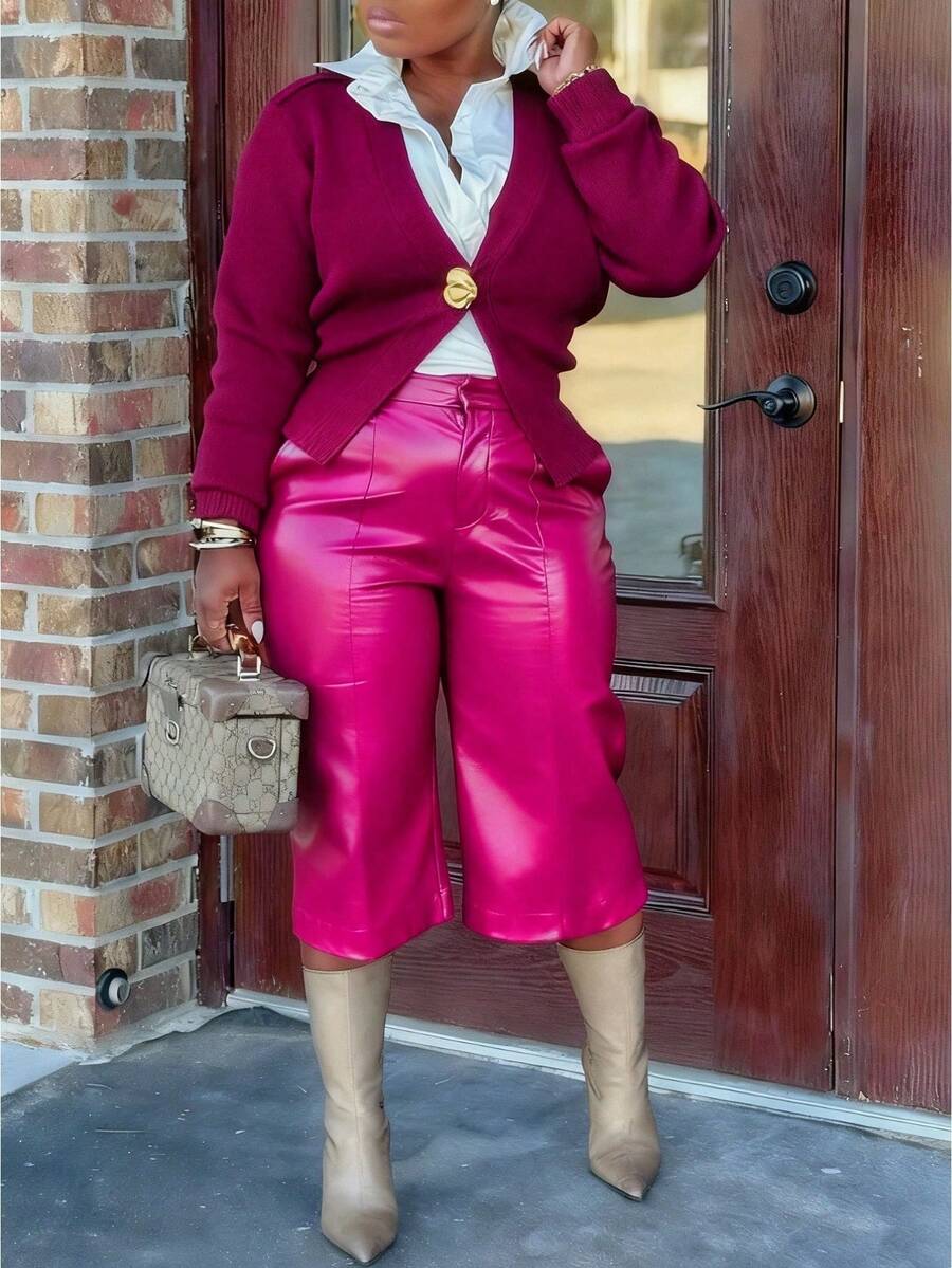 GLOURI Women's Orange Vegan Leather Cropped Wide-Leg Pants - High-Waisted Silhouette & Sleek Texture | Retro Chic Style For Daily Commute, Brunch Dates & Sophisticated Casual Gatherings (Vegan Leather Fabric & Flattering Relaxed Fit) For Elegant  Look - 玫紅色 - 查看 1