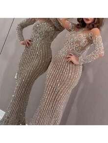 Dresses For Women Wedding Guest Vestidos Elegantes De Mujer Vestidos Dresses For Women Formal Dresses For Women Dresses For Women Elegant Prom Dresses Formal Dresses For Women Formal Gowns For Women Evening Elegant This Mid-Waist Long Dress Exudes A Refined Commuting Style With Sequined Gold And A Slimming Golden Appearance - 米色 - 查看 4