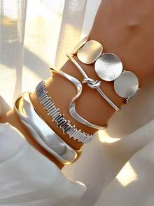 5 Peças/Conjunto Pulseira Vintage Elegante com Elementos Metálicos, Moeda Boêmia, Pérola Falsa, Geometria Assimétrica, Onda, Nó, Disco Redondo, Flor, Conjunto de Pulseiras, Joia Personalizada Exagerada Multipartida Empilhável, Adequada para Mulheres, Homens, Festa, Encontro, Uso Diário, Acessório Versátil - Multicolorido - Visão 2