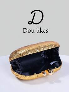 Shiny Pleated Mini Egg-Shaped Clutch Bag, Elegant Metal Double Pearl Snap Design, Suitable For Party Girls, Brides, College Students, Young Professionals, Parties, Celebrations, Weddings, With Metal Chain - Gold - View 5