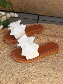 Solid Color Ultra-Light Bow Tie Beach Slippers, Fashion Casual Thick Bottom Round Toe Strap White Bow Flat Beach Sandals - White - View 6