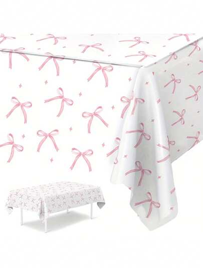 1件粉色蝴蝶结一次性塑料桌布 - 220x130厘米，优雅派对装饰，适用于婚礼、新娘送礼会、生日派对和各种庆祝活动，可用作接待桌布，轻便易清洁，适合活动策划和家庭使用。
